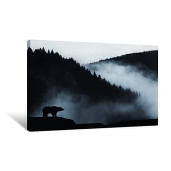 Image of Minimal Wilderness Landscape With Bear Silhouette And Misty Mountains Canvas Print