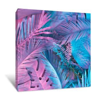 Image of Tropical And Palm Leaves In Vibrant Bold Gradient Holographic Neon  Colors  Concept Art  Minimal Surrealism Background Canvas Print