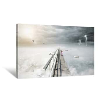 Image of Bird Flying On Fantasy Opposite Weather Sky, Beautiful Sun,  Ominous Stormy Sky Clouds And Bridge, Infinity Conception For Composite Canvas Print