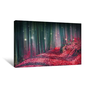 Image of Magic Fairytale Forest With Fireflies Lights And Mysterious Road Canvas Print