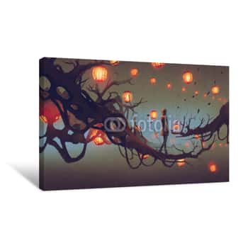 Image of Man Walking On A Tree Branch With Many Red Lanterns On Background, Digital Art Style, Illustration Painting Canvas Print