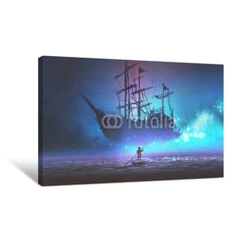 Image of Little Boy Rowing A Boat In The Sea And Looking At The Sailing Ship Floating In Starry Sky, Digitl Art Style, Illustration Painting Canvas Print