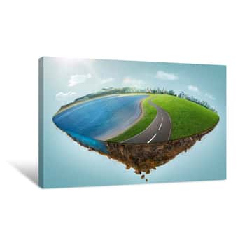 Image of Fantasy Island Floating In The Air With City Skyline, Green Field, Lake, Mountain And Curvy Asphalt Highway Canvas Print