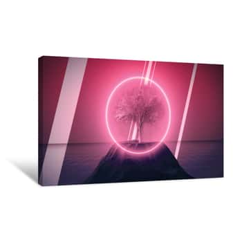 Image of Synthwave Dystopian Tree With Rocks And Neon Circle Canvas Print