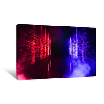 Image of Dark Tunnel, Corridor, Room With Smoke, Neon Light, Red And Blue Neon  Abstract Light, Glowing Lines And Spotlight  Night View  3d Render Canvas Print
