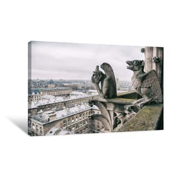 Image of Gargoyle Sits On Top Of Notre Dame Canvas Print