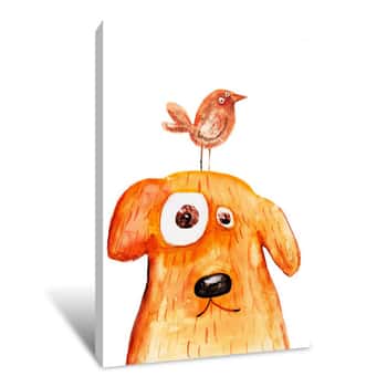 Image of Red dog with Bird Canvas Print