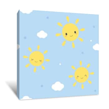 Image of Seamless Pattern Of Cute Happy Sun On Pastel Blue Background Canvas Print