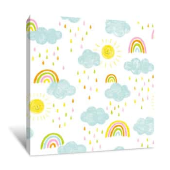 Image of Doodle Kids Pattern With Clouds, Rain Drops And Rainbows  Cute Hand Drawn Seamless Background In Blue, Pink, Yellow And Orange Canvas Print