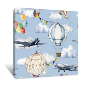Image of Watercolor Seamless Pattern With Clouds And Aerostates  Hand Painted Sky Illustration With Hot Air Balloons, Planes And Garlands Isolated On Blue Background  For Design, Prints, Fabric Or Background Canvas Print