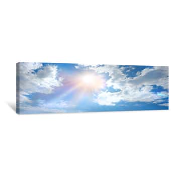 Image of Glorious Sunlight Breaking Through The Clouds - Wide Sky Banner With Big Fluffy Clouds And A Bright Sun Bursting Through With Room For Copy Canvas Print