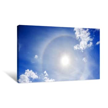 Image of Landscape From The Blue Sky With Sun, White Clouds And Halo Canvas Print
