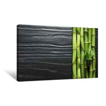 Image of Green Bamboo Stems And Space For Text On Wooden Background, Top View Canvas Print