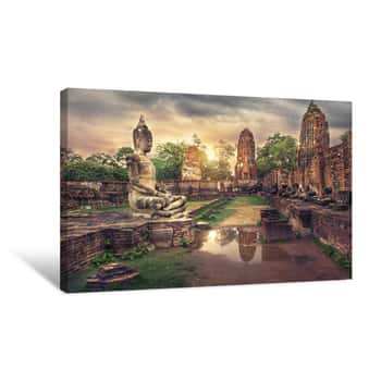 Image of Ancient Buddha Statue And Old Wat Mahathat Pagoda In History Temple Of  Ayutthaya Historical Park,world Heritage Sites Of Unesco Vintage Effect Add For Create Atmosphere Canvas Print
