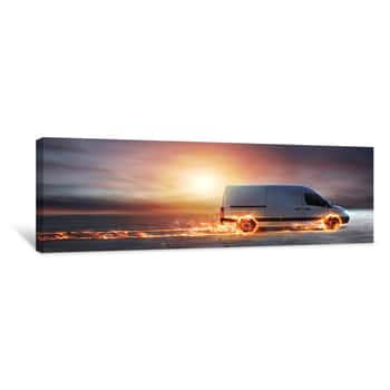 Image of Super Fast Delivery Of Package Service With Van With Wheels On Fire Canvas Print