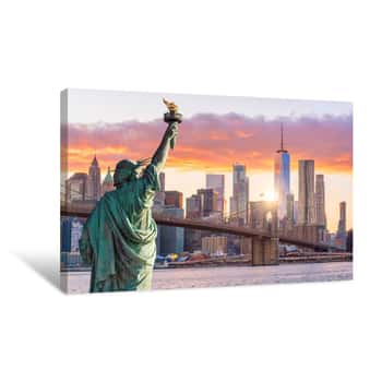 Image of Statue Liberty And  New York City Skyline At Sunset Canvas Print