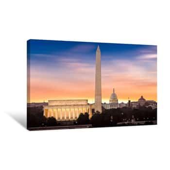 Image of Dawn Over Washington - With 3 Iconic Monuments Illuminated At Sunrise: Lincoln Memorial, Washington Monument And The Capitol Building Canvas Print