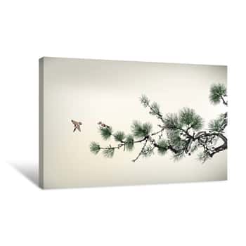 Image of Pine Tree and Birds Canvas Print