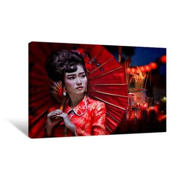 Image of Chinese Woman Holding Parasol Canvas Print