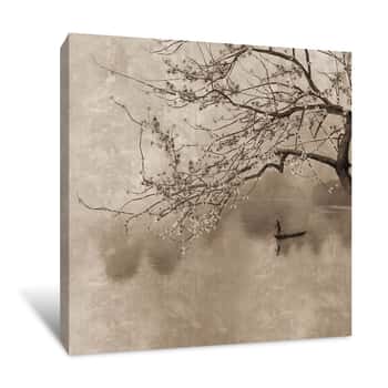 Image of Man Paddling Down A Stream Under A Tree Canvas Print