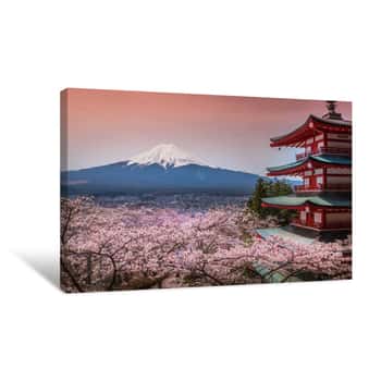 Image of Chureito Pagoda With Sakura & Beautiful Mt Fuji View Canvas Print