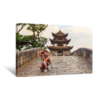 Image of Tourist Girl Taking Pictures On Ancient Chinese Bridge Canvas Print