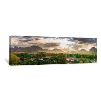 Image of Landscape View Panorama At Sunset In Vang Vieng, Laos Canvas Print