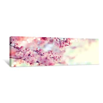 Image of Spring Border Or Background Art With Pink Blossom  Beautiful Nature Scene With Blooming Tree And Sun Flare Canvas Print