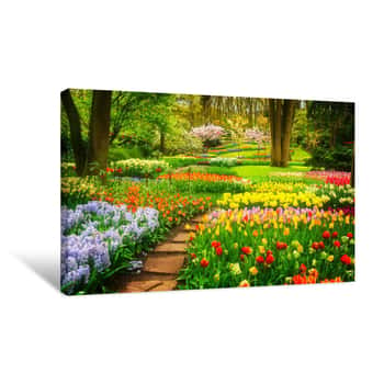 Image of Colourful Tulips Flowerbeds And Stone Path In An Spring Formal Garden, Retro Toned Canvas Print
