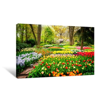 Image of Colourful Tulips Flowerbeds And Path In An Spring Formal Garden, Retro Toned Canvas Print