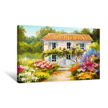 Image of Oil Painting On Canvas Of A Beautiful House And Flowers, Abstract Drawing, Watercolor Art Canvas Print