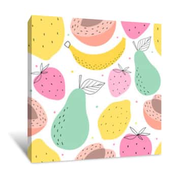 Image of Hand Drawn Fruits Seamless Pattern For Print, Textile, Wallpaper  Kids Decorative Fruits Background Canvas Print