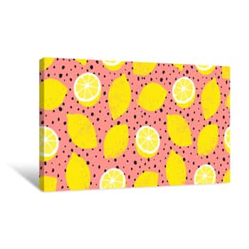 Image of Vector Seamless Lemon Pattern With Black Dots  Trendy Summer Background Canvas Print