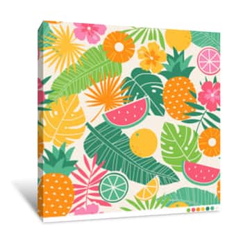 Image of Hibiscus Flowers, Fruits And Palm Leaves Seamless Vector Pattern Canvas Print