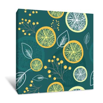 Image of Seamless Pattern With Lemon Slice, Leaves And Branches Canvas Print