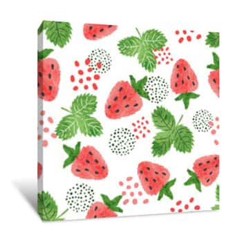 Image of Seamless Strawberry Pattern  Vector Watercolor Illustration With Berries And Leaves Canvas Print