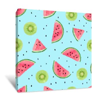 Image of Seamless Pattern With Watercolor Kiwi Fruit And Watermelon Slices  Summer Vector Background Canvas Print