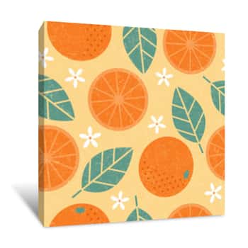 Image of Seamless Pattern  Orange Juicy Fruits Leaves And Flowers On Shabby Background Canvas Print