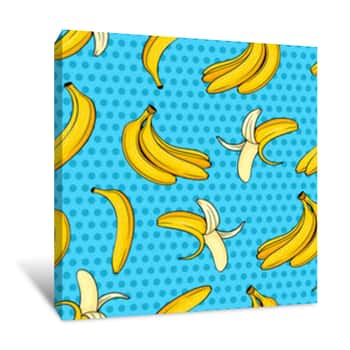 Image of Different Hand Drawn Yellow Banana On Blue Dots Background  Vector Comic Seamless Pattern In Pop Art Retro Style Canvas Print