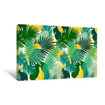 Image of Seamless Pattern Of Banana With Tropical Jungle Leaves  Hand Drawing Fruit With Forest Branch Canvas Print