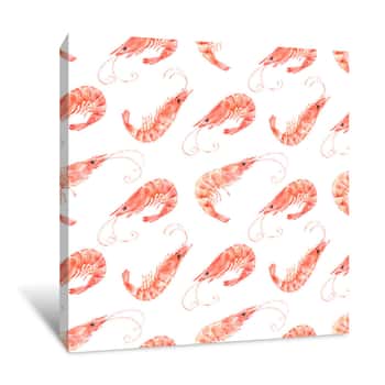 Image of Pattern Of Watercolor Seafood Illustrations, Red Shrimp On A White Background Canvas Print