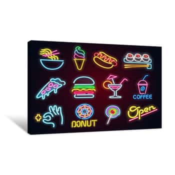 Image of Set Food And Drink Neon Sign  Neon Sign, Bright Signboard, Light Banner  Vector Icons Canvas Print