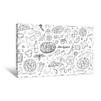 Image of Vector Background With Pizza And Snacks  Useful For Packaging, Menu Design And Interior Decoration  Hand Drawn Doodles   Seamless Pattern Of Food And Pizza Elements On White Background Canvas Print