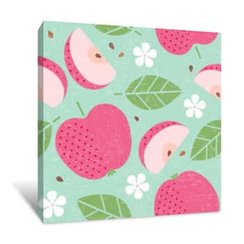 Image of Seamless Pattern  Red Apple Juicy Fruits Leaves And Flowers On Shabby Background  Sliced Fruit  Cut Apples Canvas Print