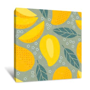 Image of Seamless Pattern  Mango Juicy Fruits Leaves And Flowers On Shabby Background Canvas Print