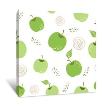 Image of Green Apple Pattern Seamless Repeating Background With Hand Drawn Apples In White Background Vector Canvas Print