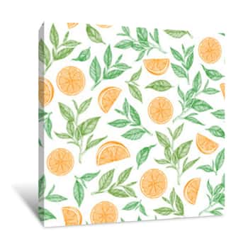 Image of Tea Leaf Seamless Pattern  Hand Drawn Vector Illustration  Citrus Tea Background, Leaf And Lemon Slice  Design For Vintage Packaging  Engraved Style Canvas Print
