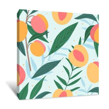 Image of Peaches Hand Drawn Seamless Pattern For Print, Textile, Fabric  Modern Fruits Kids Background Canvas Print