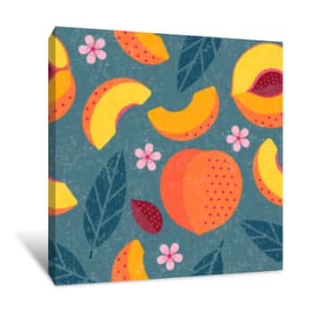 Image of Peaches Seamless Pattern  Whole And Sliced Peaches With Leaves And Flowers On Shabby Background  Original Simple Flat Illustration  Shabby Style Canvas Print