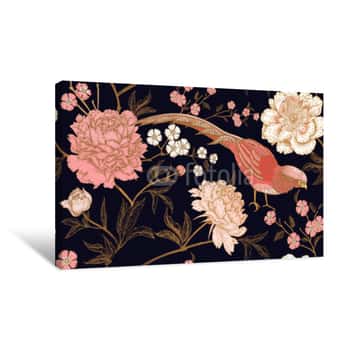 Image of Seamless Pattern With Exotic Bird Pheasants And Peony Flowers Canvas Print